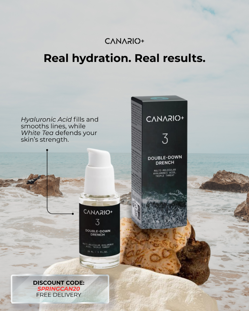 Image of Double Down Drench, a moisturising booster , inthe foreground. With a backdrop of a rock pool reminiscent of Canarian beaches. Real Hydration. Hyaluronic Acid fill and smoothes lines, while White Tea defends your skin's strength. Discount Code: SPRINGCAN20 at checkout, for 20% off and free delivery, subject to T&Cs